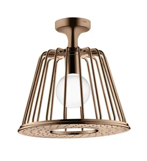 Deckeneinbauleuchte mit einem metallenen Gestell in Rotgold und einer gläsernen Lampe, entworfen von AXOR. Das Design zeigt ein offenes Gittermuster.